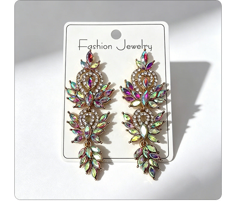Colorful diamond wheat ear long earrings, niche light luxury design, stylish and versatile earrings