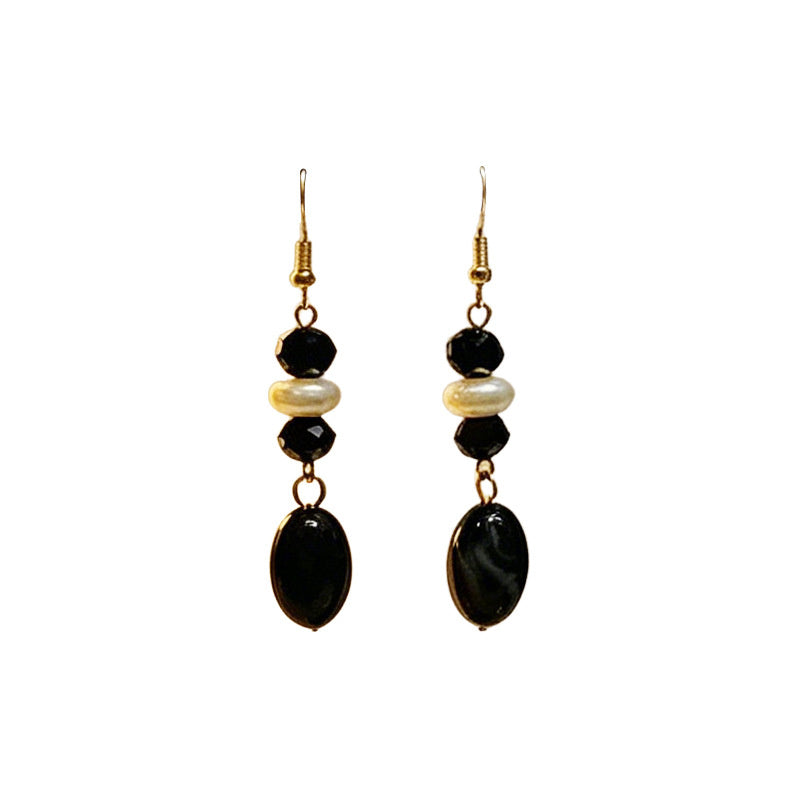 Light luxury niche black diamond pearl oval drop earrings with a French high-end feel and versatile style