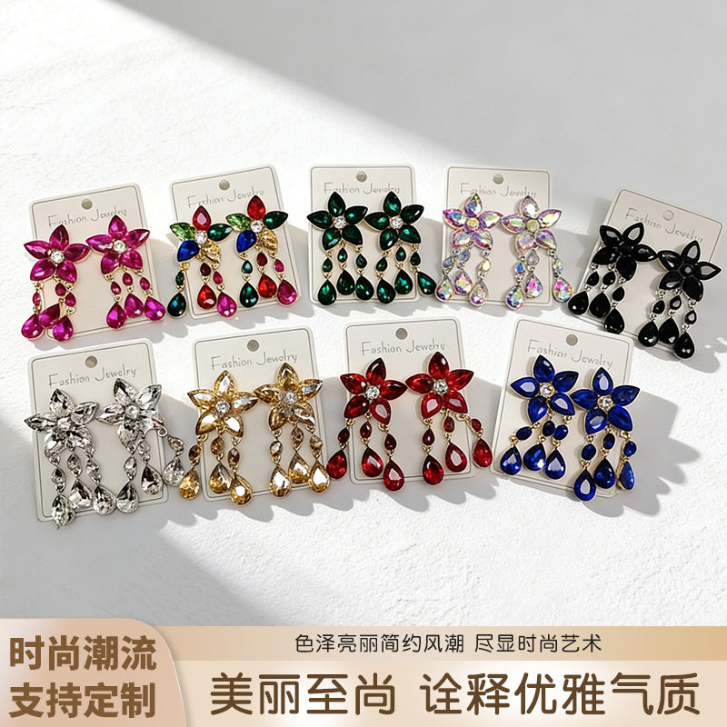 Colorful Gemstone Flower Long Tassel Rhinestone Drop Earrings Fashionable Trendy Women's Ear Accessories