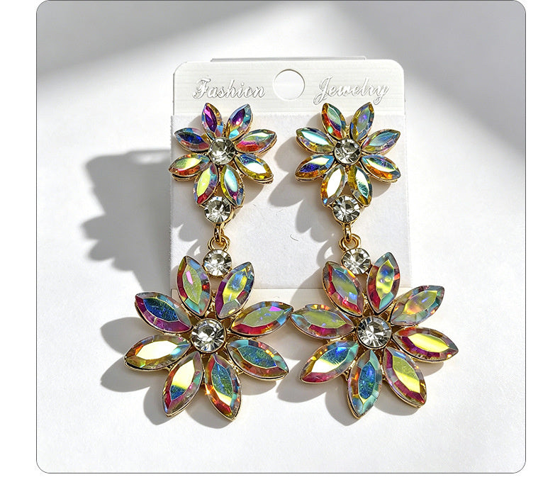 Light luxury style double-layer rhinestone flower for women, high-end versatile commuter earrings
