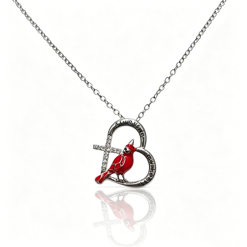 Crescent Red Bird Pendant Necklace for Women, Fashionable Heart-Shaped Diamond-Studded Clavicle Chain, Unique and Elegant Accessory