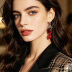 Punk-style simulated heart with distressed silver edges red crystal pendants, unique and trendy street style earrings