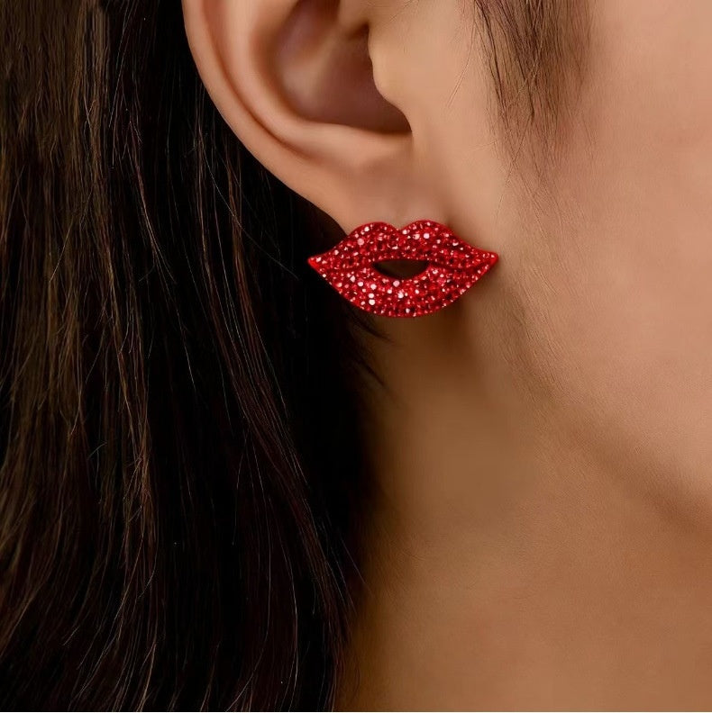 Valentine's Day sparkling full-diamond red lips earrings, exaggerated and stylish earrings