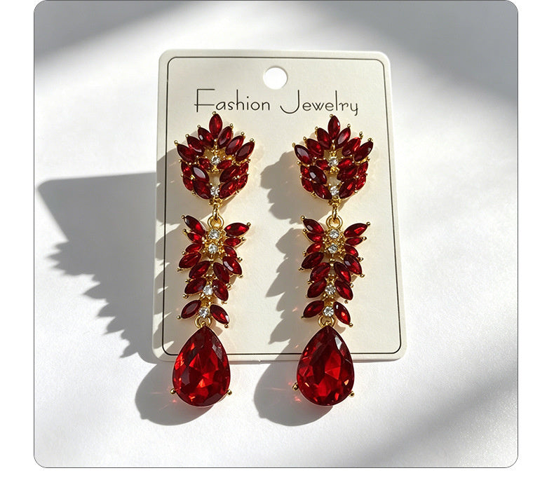 Colorful Crystal Leaf Long Earrings, Luxurious Palace-Style Exquisite Atmosphere Fashion Earrings