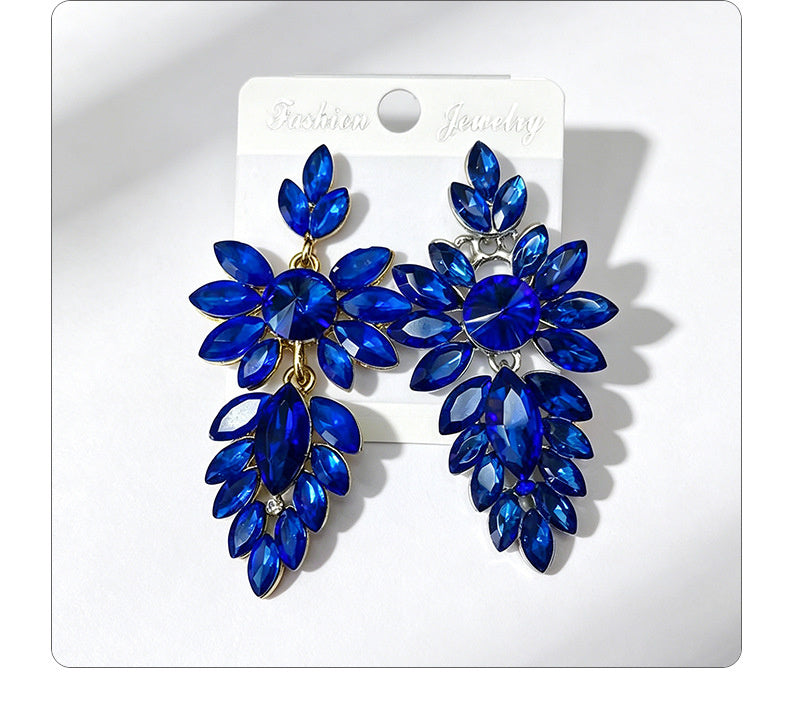 Colorful leaf rhinestone diamond-studded elegant long drop earrings, Hong Kong style party accessories