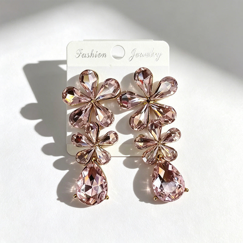 Floral waterdrop rhinestone long elegant multi-color crystal drop earrings, accessories for dress and banquet