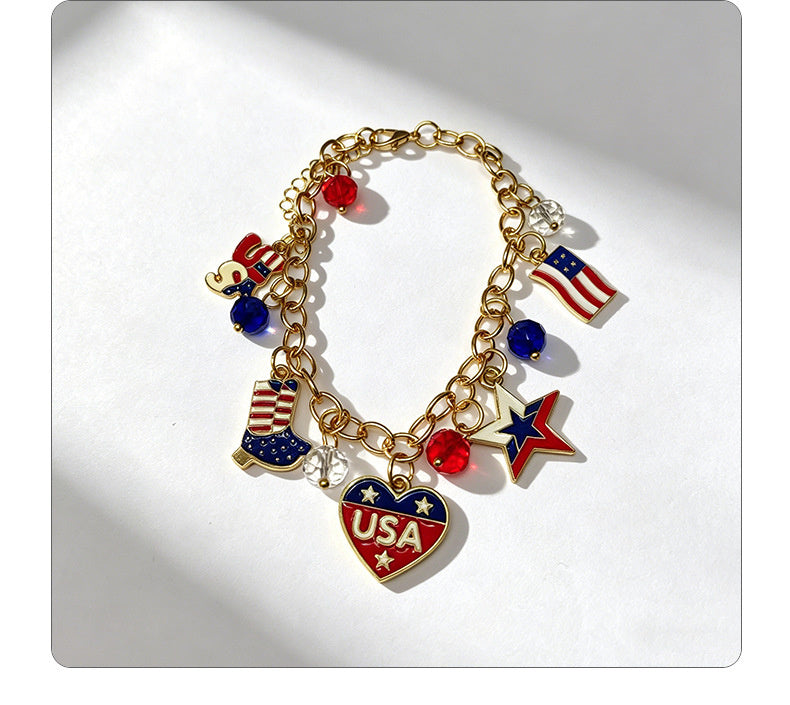 American Independence Day themed flag necklace for women, creative oil-drip star and heart pendant bracelet