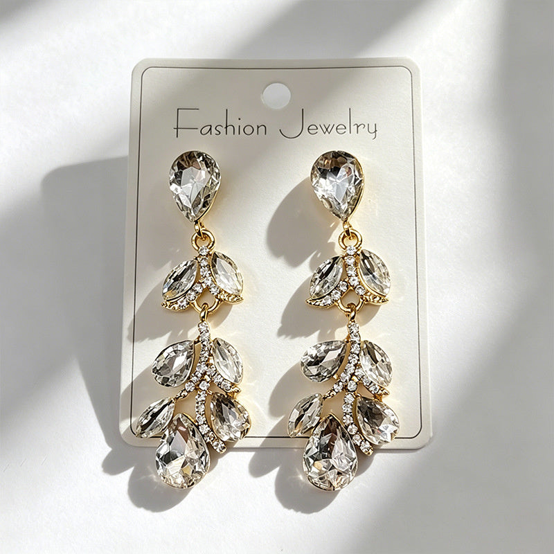 Colorful diamond leaf long earrings, niche light luxury design, stylish and versatile ear accessories