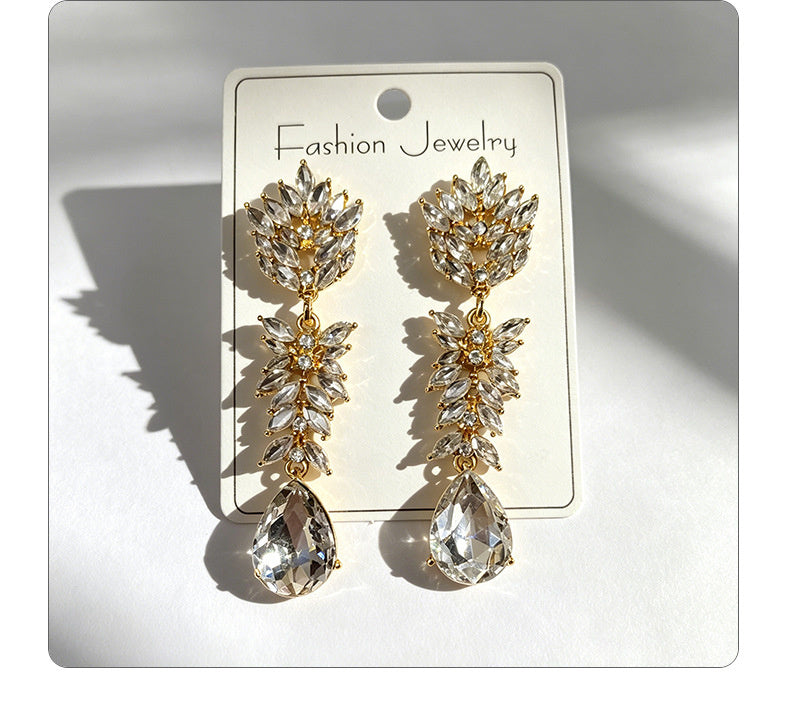 Colorful Crystal Leaf Long Earrings, Luxurious Palace-Style Exquisite Atmosphere Fashion Earrings