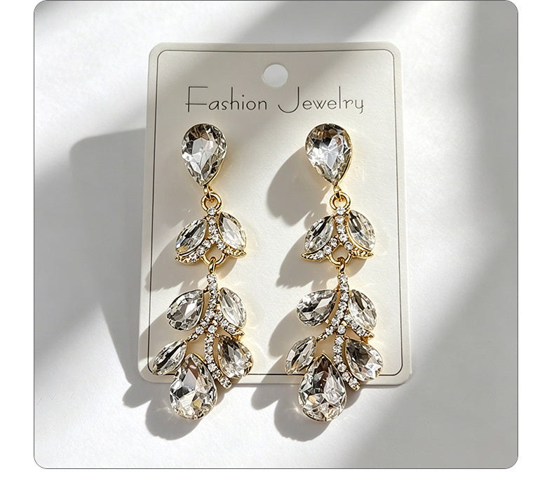 Colorful diamond leaf long earrings, niche light luxury design, stylish and versatile ear accessories
