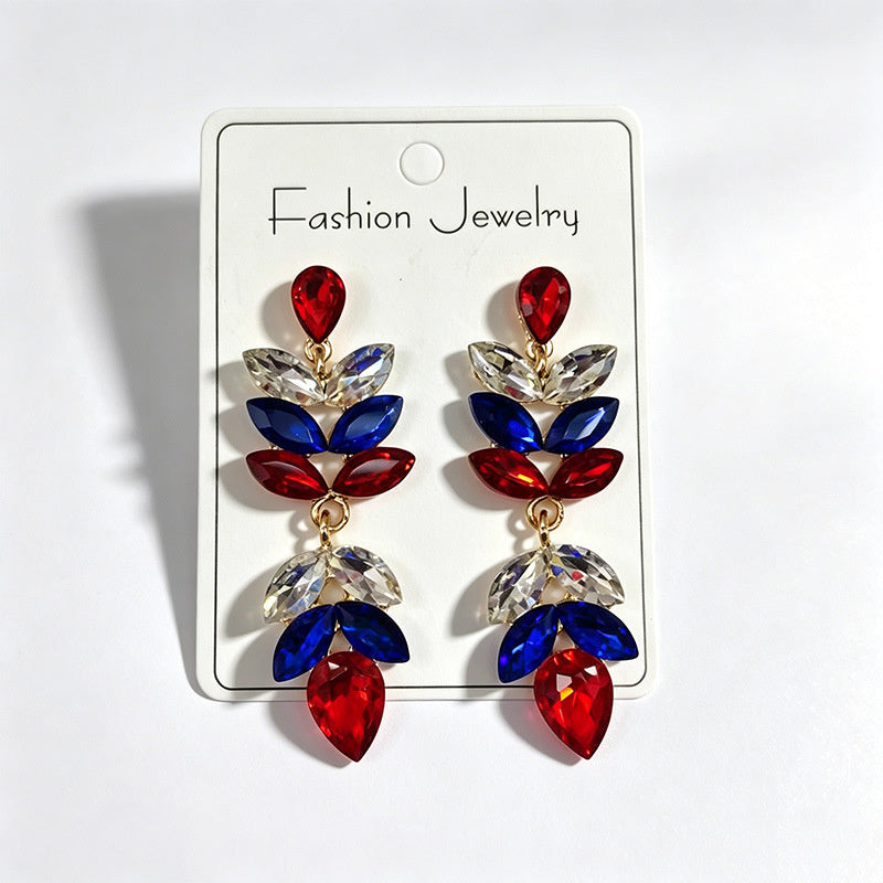 Red, blue, and white three-color crystal long water drop earrings, stage performance dress accessories, stylish ear jewelry