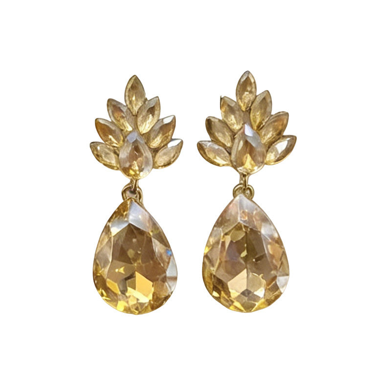 Water drop-shaped earrings, light luxury with diamond-encrusted floral leaf pendants, available in multiple colors, versatile and suitable for everyday wear as an accessory