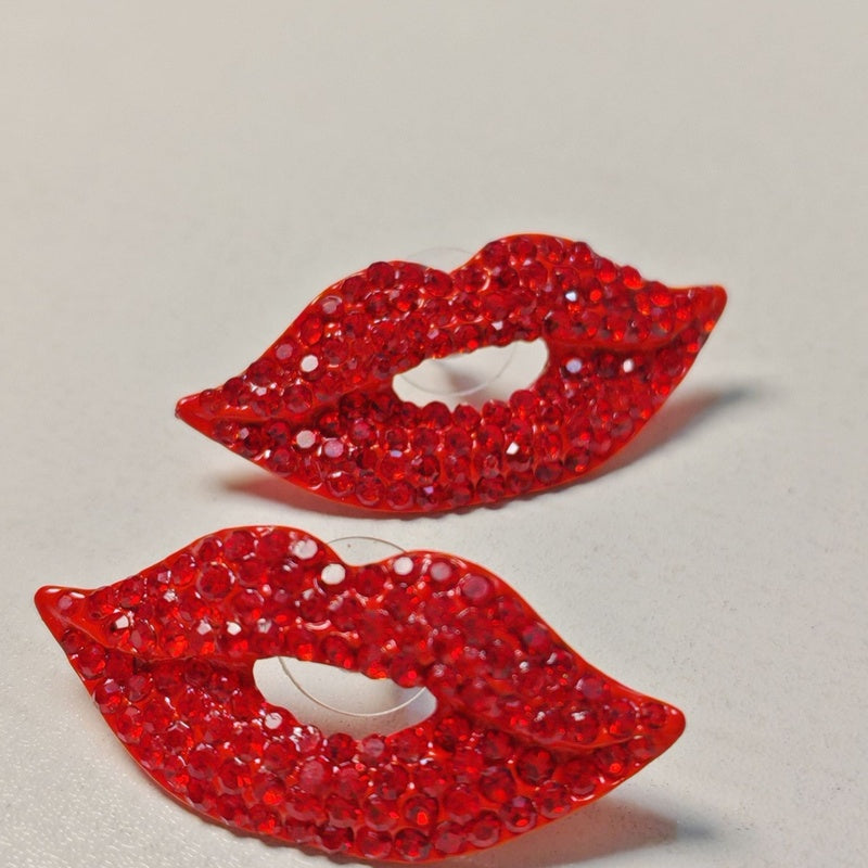 Valentine's Day sparkling full-diamond red lips earrings, exaggerated and stylish earrings