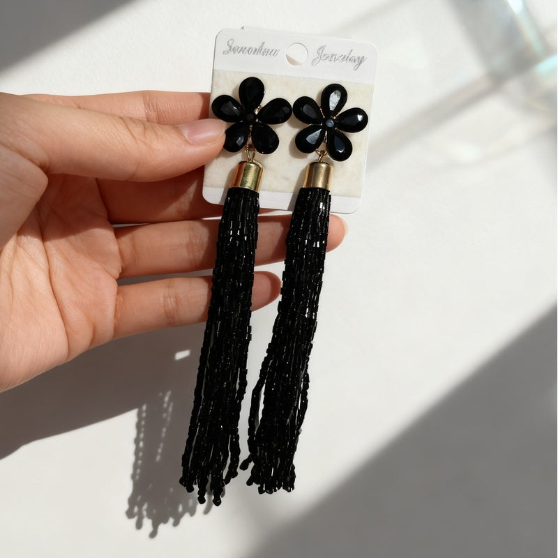 Glass Flower Tassel Earrings, Exaggerated Long Style, Fashionable and Elegant Ear Accessories