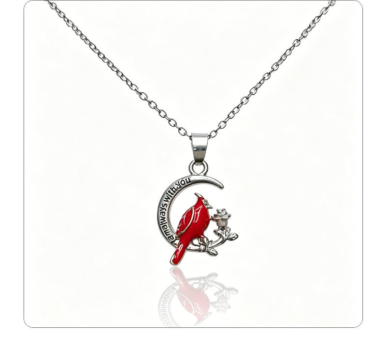 Crescent Red Bird Pendant Necklace for Women, Fashionable Heart-Shaped Diamond-Studded Clavicle Chain, Unique and Elegant Accessory