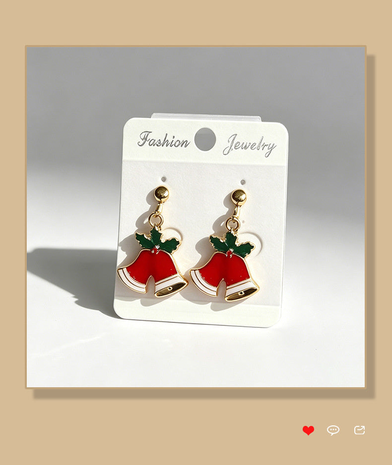 Christmas-themed alloy oil-drip earrings, bell, snowman, wreath set, cute cartoon holiday party children's earrings
