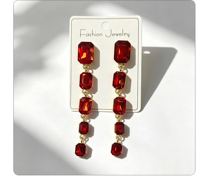 Palace-style rectangular colored diamond long drop gemstone pendant earrings, suitable for evening gowns, light luxury earrings