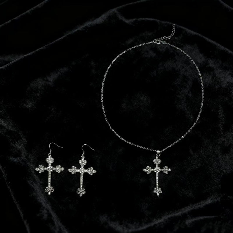 Cross necklace earring set, metal layered wear, simple and unique collarbone chain earrings