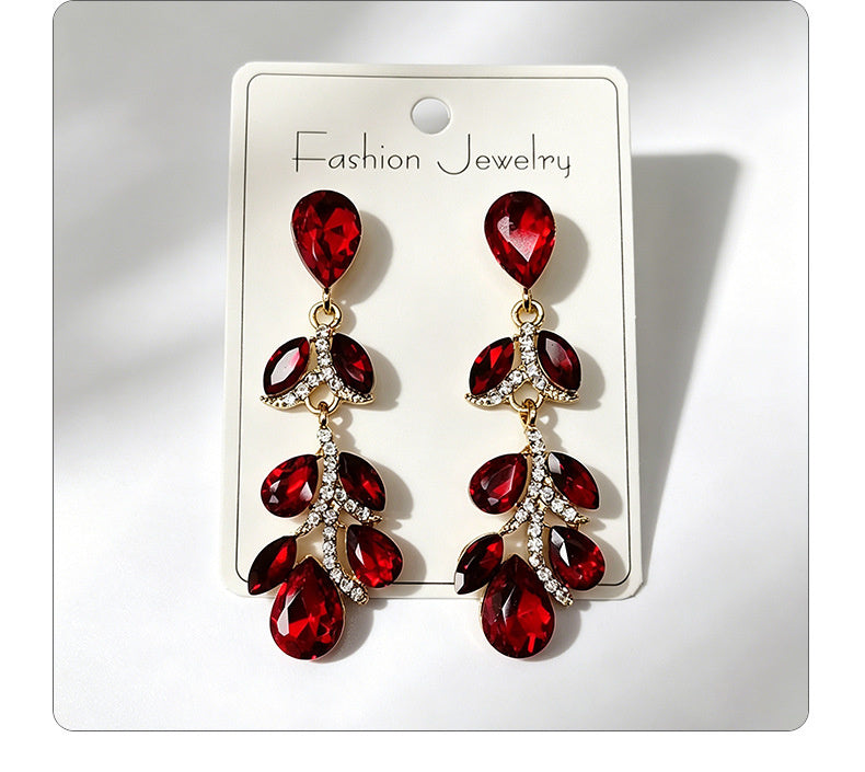 Colorful diamond leaf long earrings, niche light luxury design, stylish and versatile ear accessories