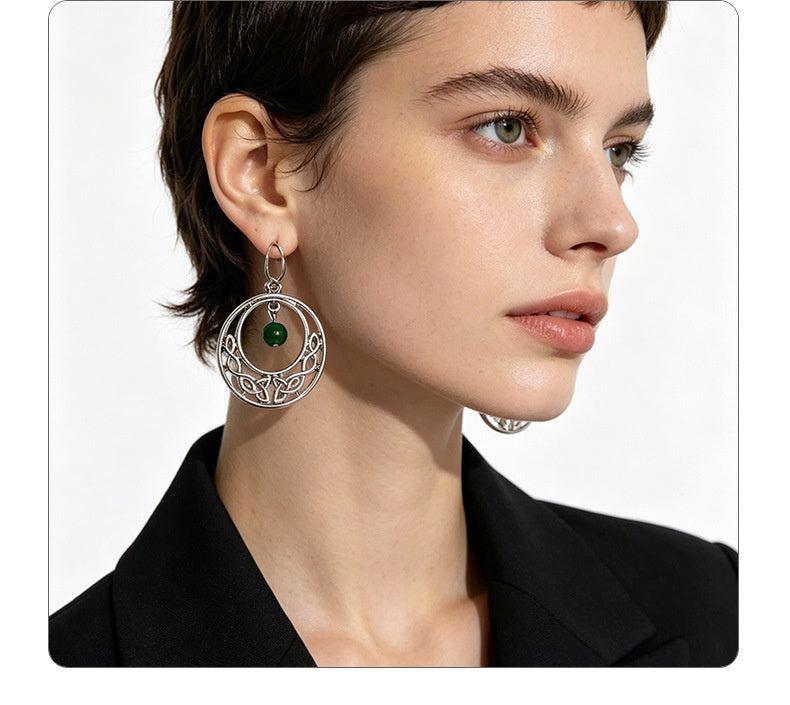 Irish-style woven pattern hollow earrings with distressed silver hoops and green jade beads, versatile for casual vacations