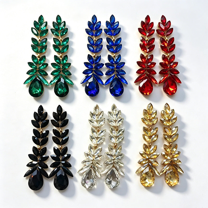 Colorful crystal wheat ear long water drop earrings, dress accessories, stage performance earrings