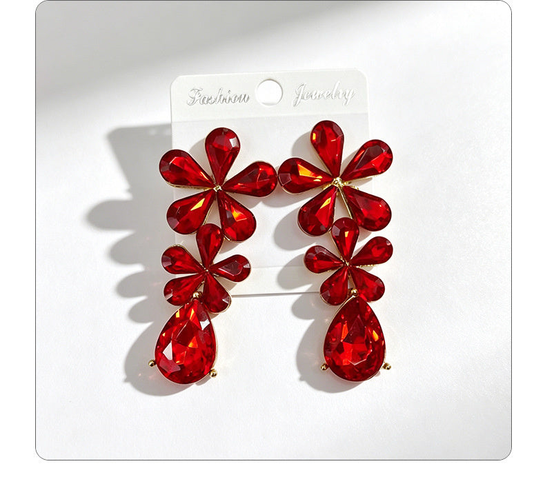 Floral waterdrop rhinestone long elegant multi-color crystal drop earrings, accessories for dress and banquet