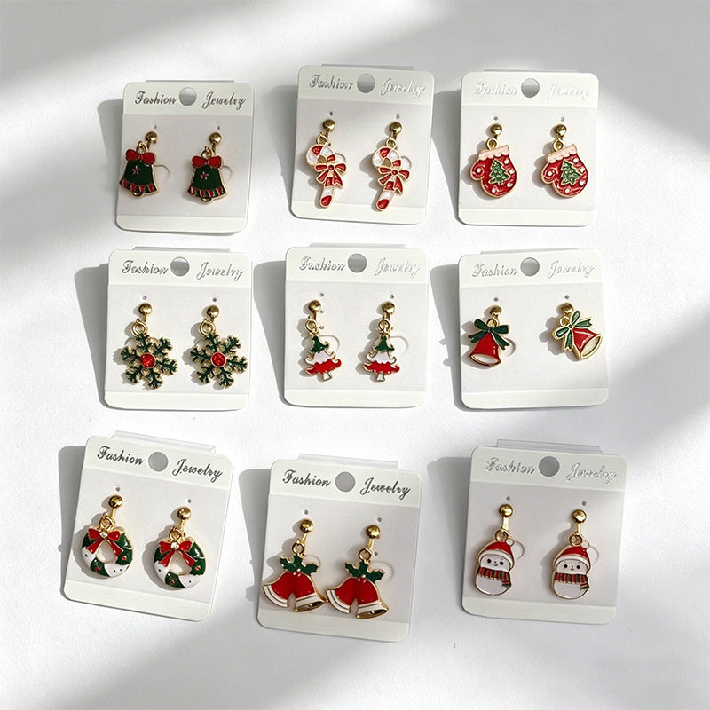 Christmas-themed alloy oil-drip earrings, bell, snowman, wreath set, cute cartoon holiday party children's earrings