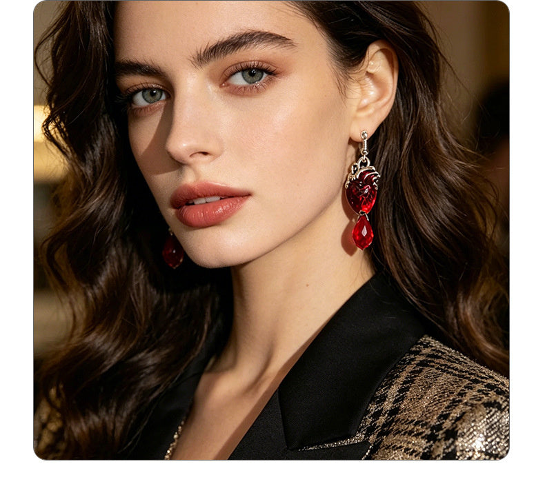 Punk-style simulated heart with distressed silver edges red crystal pendants, unique and trendy street style earrings