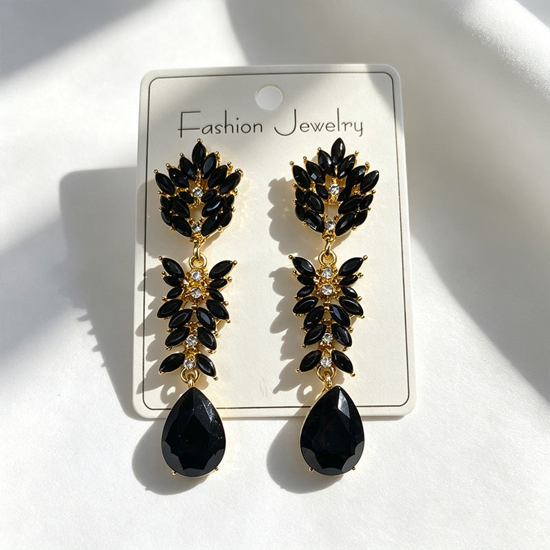 Colorful Crystal Leaf Long Earrings, Luxurious Palace-Style Exquisite Atmosphere Fashion Earrings