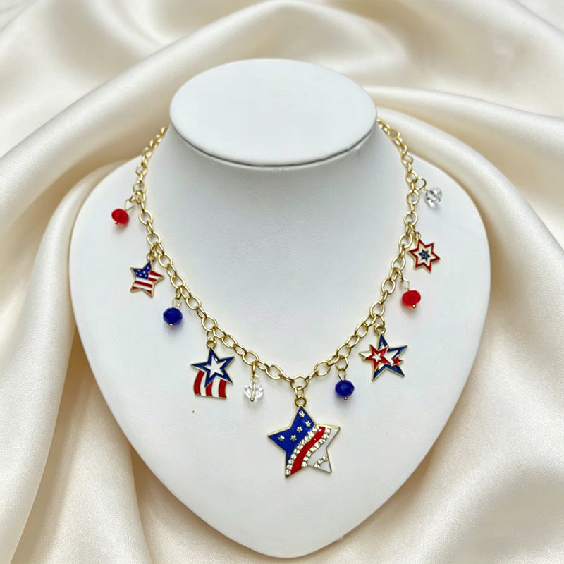 American Independence Day themed flag necklace for women, creative oil-drip star and heart pendant bracelet