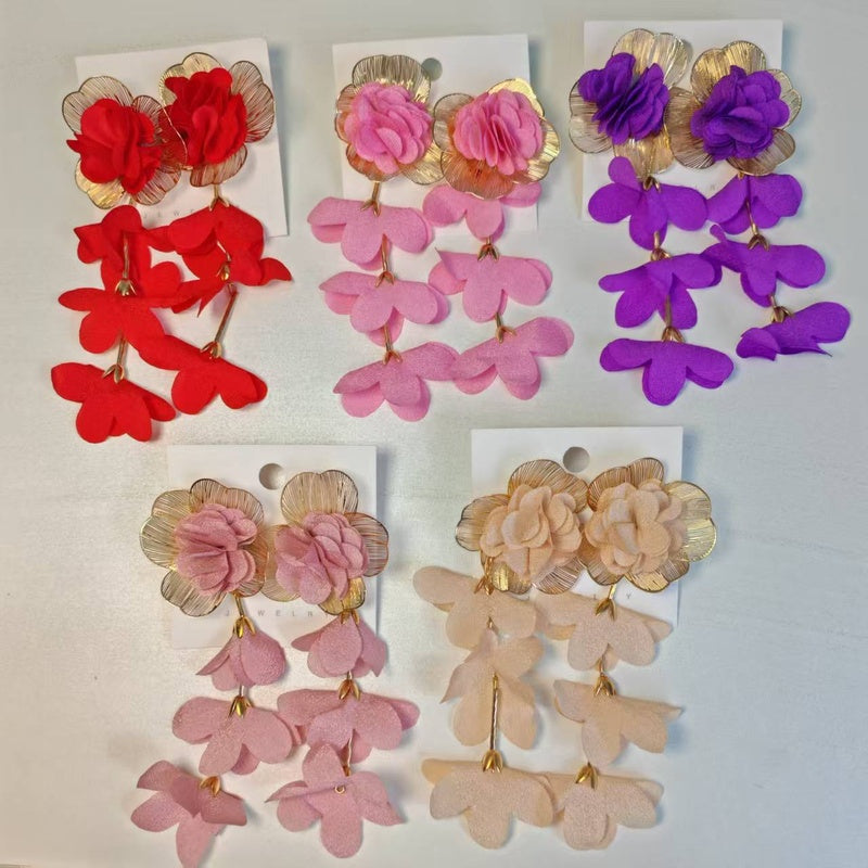 Exaggerated designer multi-layered chiffon floral earrings, beach vacation style earrings for women, light luxury