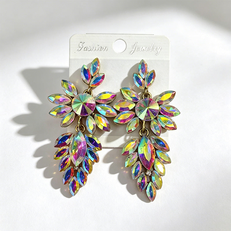 Colorful leaf rhinestone diamond-studded elegant long drop earrings, Hong Kong style party accessories