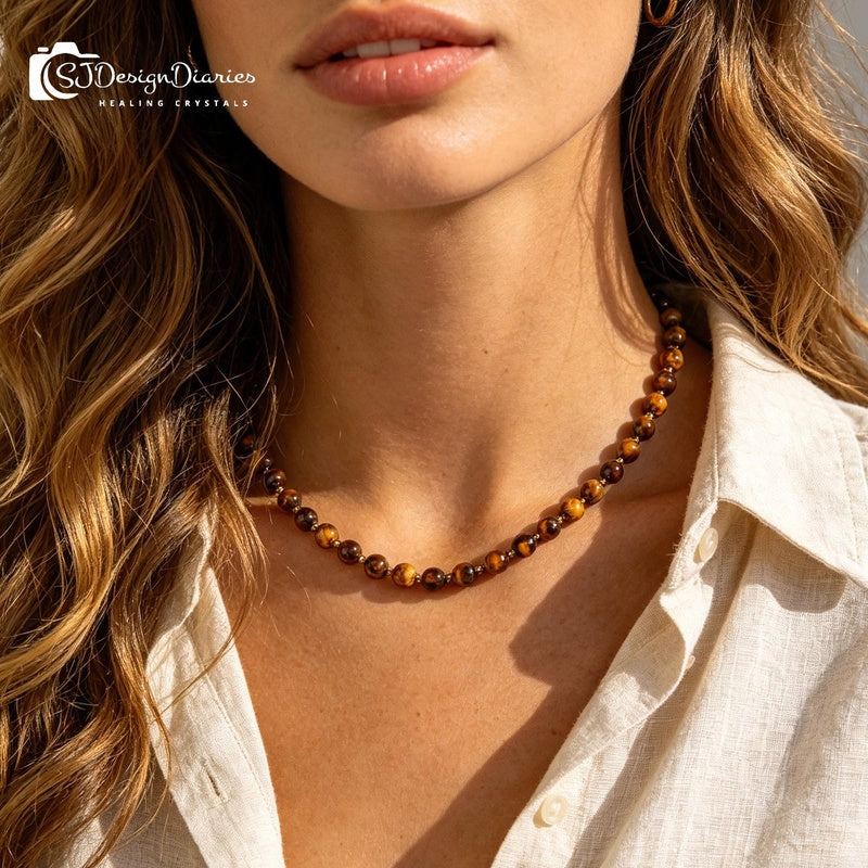 Boho Tiger's Eye Beaded Toggle Necklace| Gold Accents, Courage Protection Healing Crystal Statement Jewelry Gift for Her