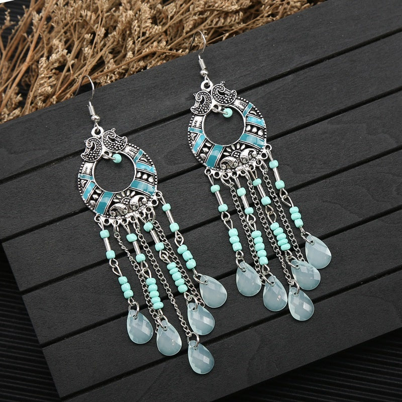 Cross-border handmade water drop seed bead Bohemian long tassel earrings, unique and exaggerated travel photo accessories