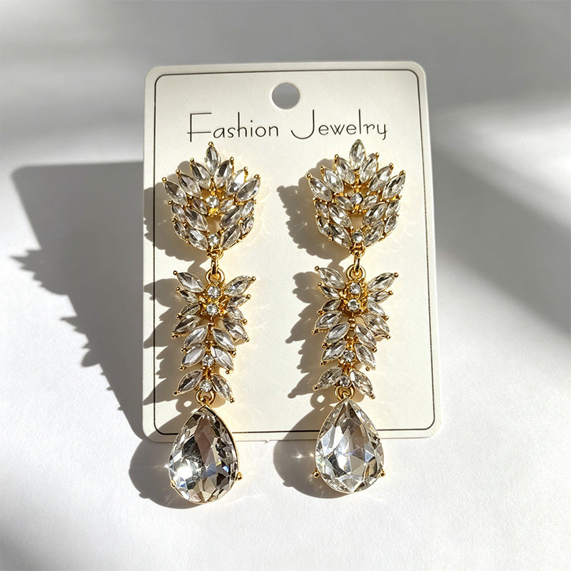Colorful Crystal Leaf Long Earrings, Luxurious Palace-Style Exquisite Atmosphere Fashion Earrings