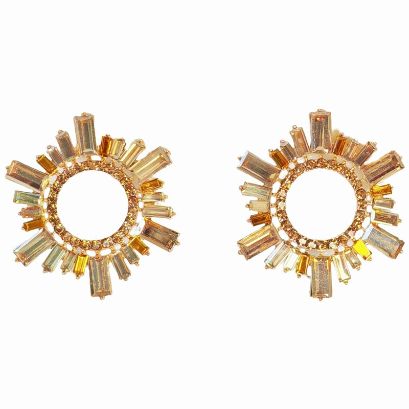 Alloy diamond-encrusted sparkling colorful diamond sunflower stage earrings, geometric circle evening earrings