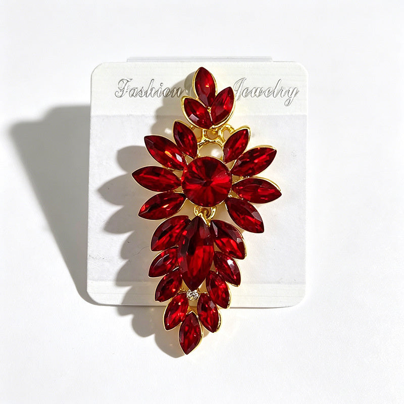 Colorful leaf rhinestone diamond-studded elegant long drop earrings, Hong Kong style party accessories