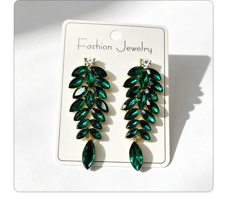 Diamond-studded leaf long tassel multi-color crystal earrings, evening style accessories