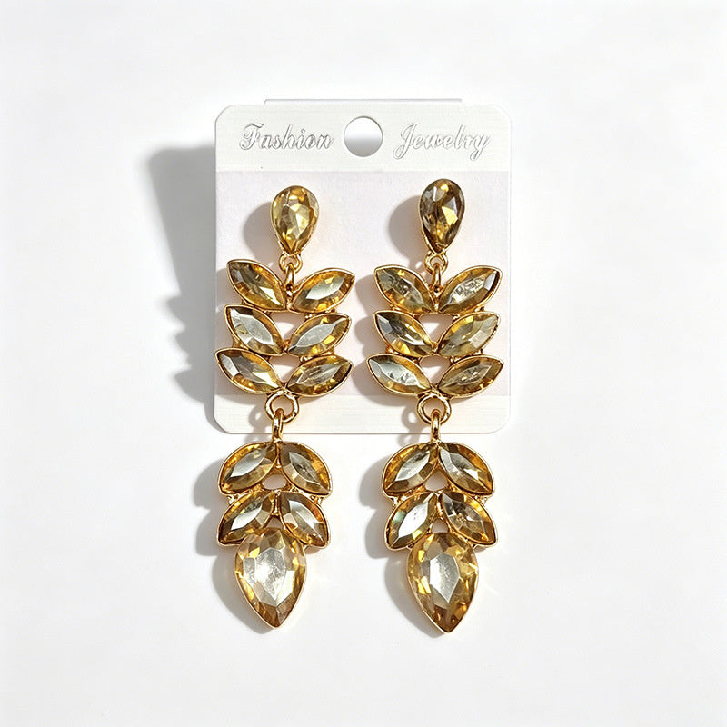 Multi-color crystal wheat ear long water drop earrings, stage performance dress accessories, earrings