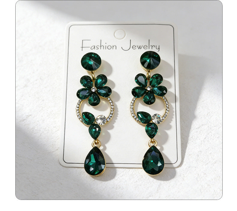 Luxurious floral with full diamond accents, long waterdrop gemstone earrings, court-style versatile earrings that enhance complexion