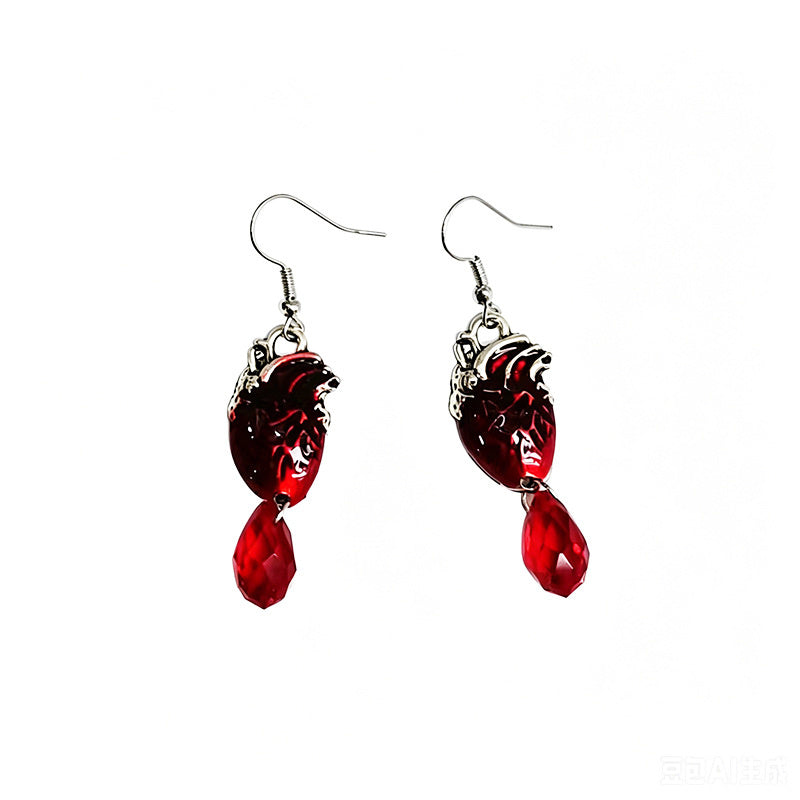 Punk-style simulated heart with distressed silver edges red crystal pendants, unique and trendy street style earrings