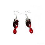 Punk-style simulated heart with distressed silver edges red crystal pendants, unique and trendy street style earrings