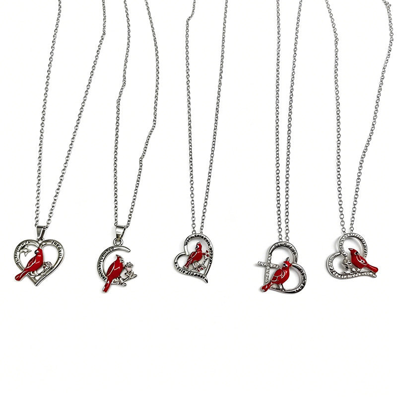 Crescent Red Bird Pendant Necklace for Women, Fashionable Heart-Shaped Diamond-Studded Clavicle Chain, Unique and Elegant Accessory