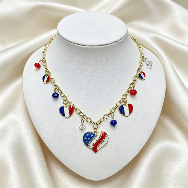 American Independence Day themed flag necklace for women, creative oil-drip star and heart pendant bracelet