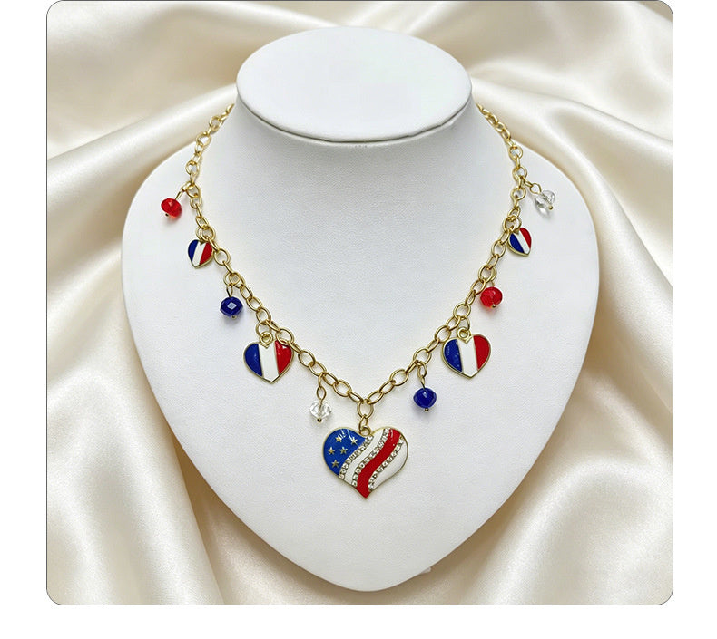 American Independence Day themed flag necklace for women, creative oil-drip star and heart pendant bracelet