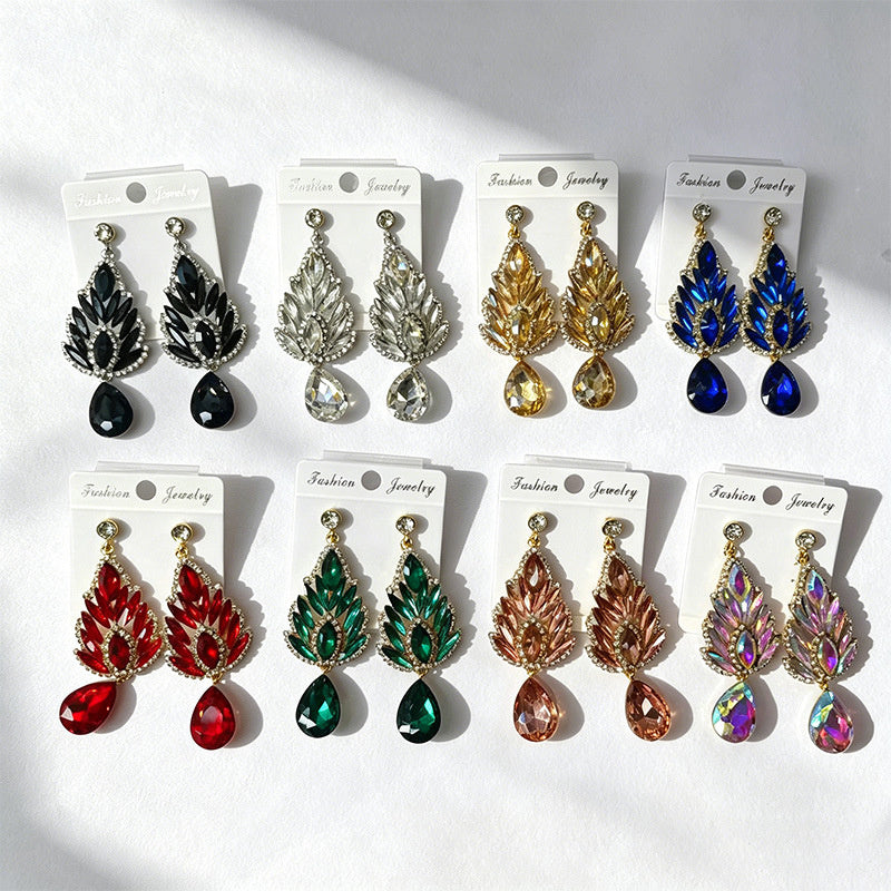 Winged-shaped rhinestone long light luxury colored diamond earrings, available in multiple colors, suitable for dress accessories