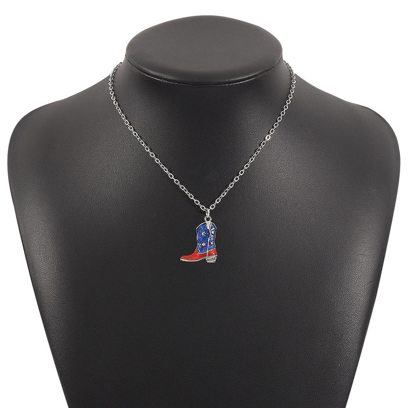 American Independence Day Flag Pendant Necklace with Rhinestones Patriotic Theme Collarbone Chain for Women