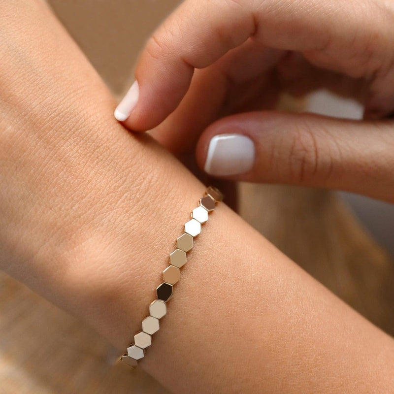 14K Solid Gold Honeycomb Bracelet: Geometric Hexagon Link Chain, Beehive Jewelry