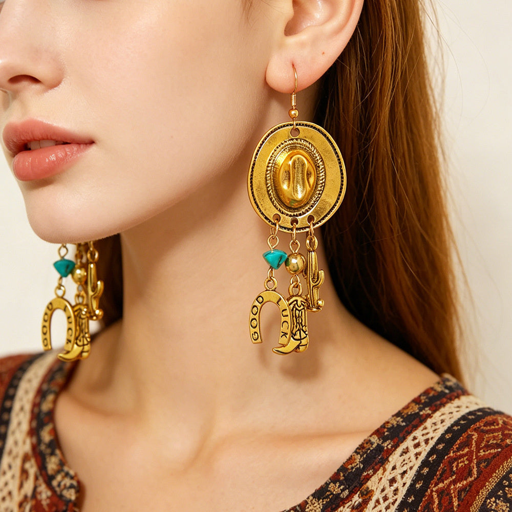 Cross-border New Product Western Cowboy Tribal Style Women's European and American Vintage Creative Pendant Earrings Wholesale