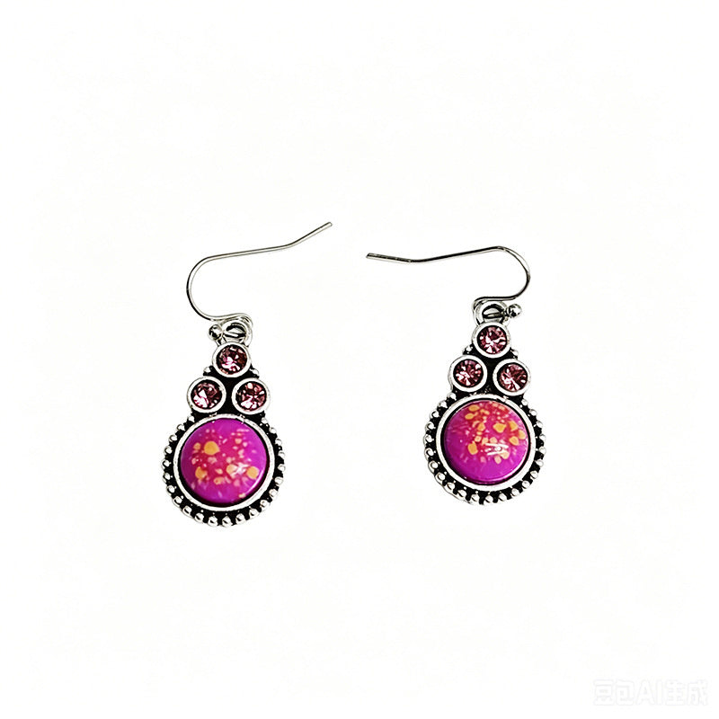 Rose purple gold-drip glaze earrings three small diamonds paired with a round main stone, versatile for everyday outings
